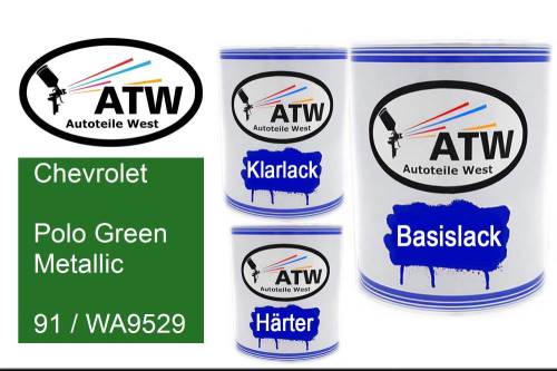 Chevrolet, Polo Green Metallic, 91 / WA9529: 1L Lackdose + 1L Klarlack + 500ml Härter - Set, von ATW Autoteile West.